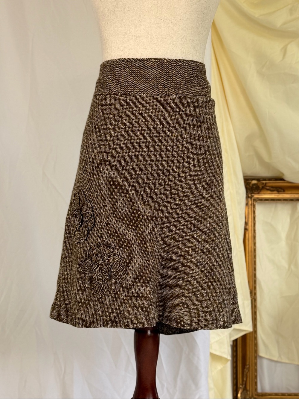 George Brown Herringbone Midi Skirt with Embroidered Flower Accents Cottagecore
